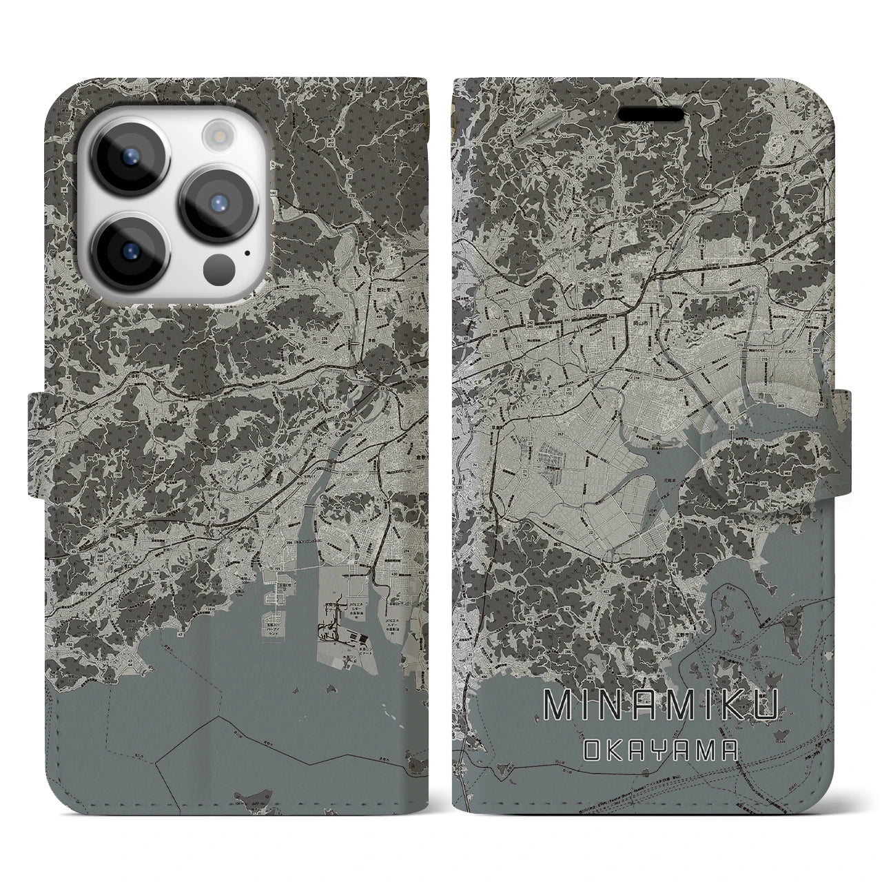 【南区(岡山市)】地図柄iPhoneケース(手帳タイプ)モノトーン・iPhone 14 Pro 用