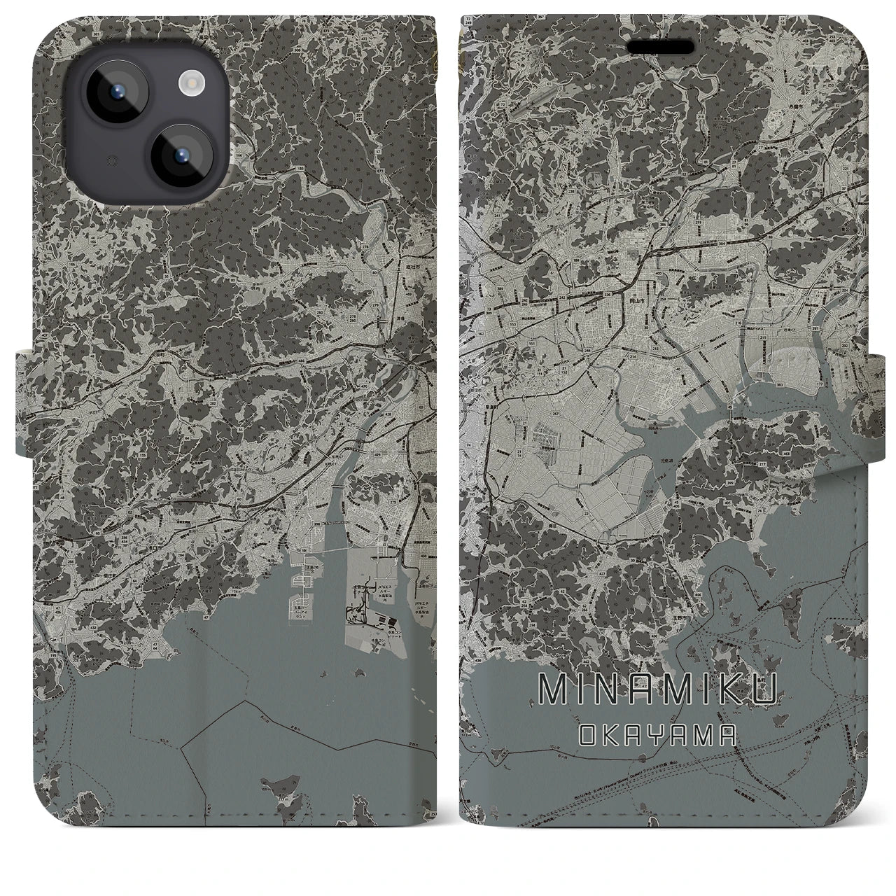 【南区(岡山市)】地図柄iPhoneケース(手帳タイプ)モノトーン・iPhone 14 Plus 用