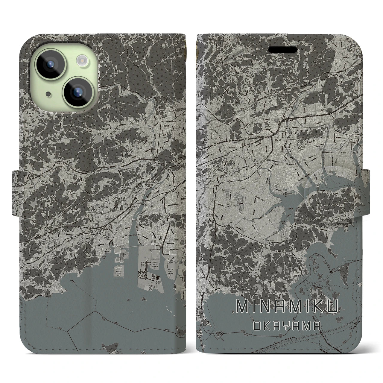 【南区(岡山市)】地図柄iPhoneケース(手帳タイプ)モノトーン・iPhone 15 用
