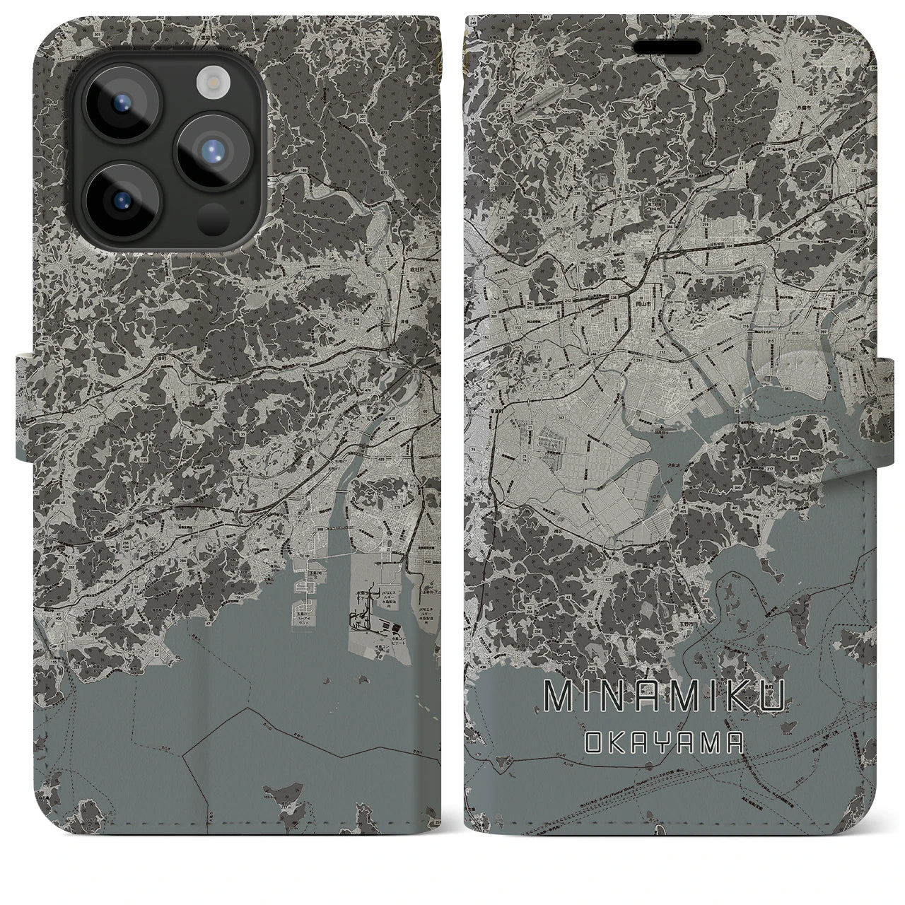 【南区(岡山市)】地図柄iPhoneケース(手帳タイプ)モノトーン・iPhone 15 Pro Max 用