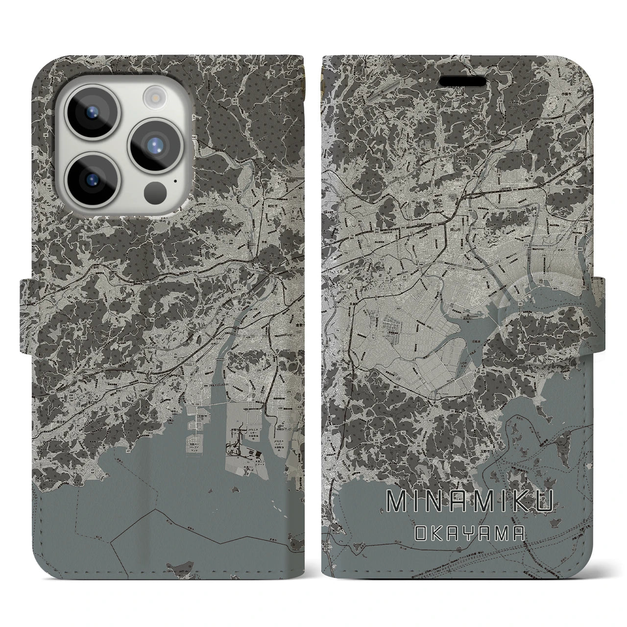 【南区(岡山市)】地図柄iPhoneケース(手帳タイプ)モノトーン・iPhone 15 Pro 用