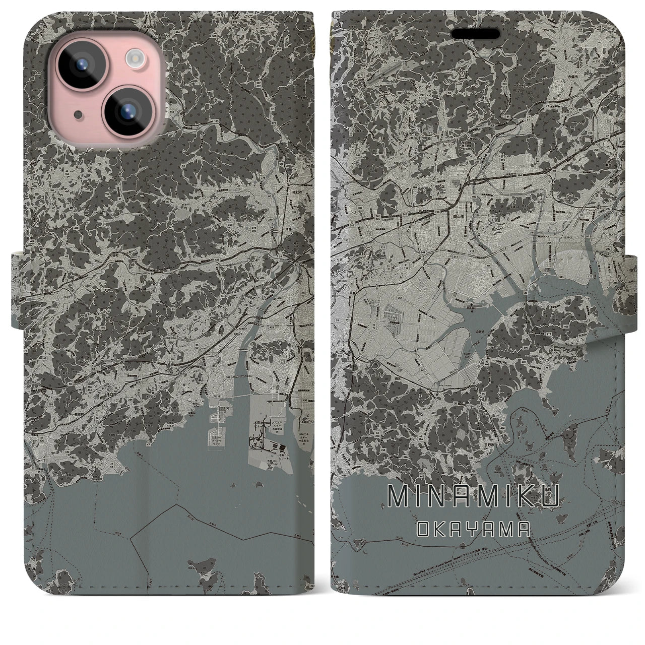 【南区(岡山市)】地図柄iPhoneケース(手帳タイプ)モノトーン・iPhone 15 Plus 用