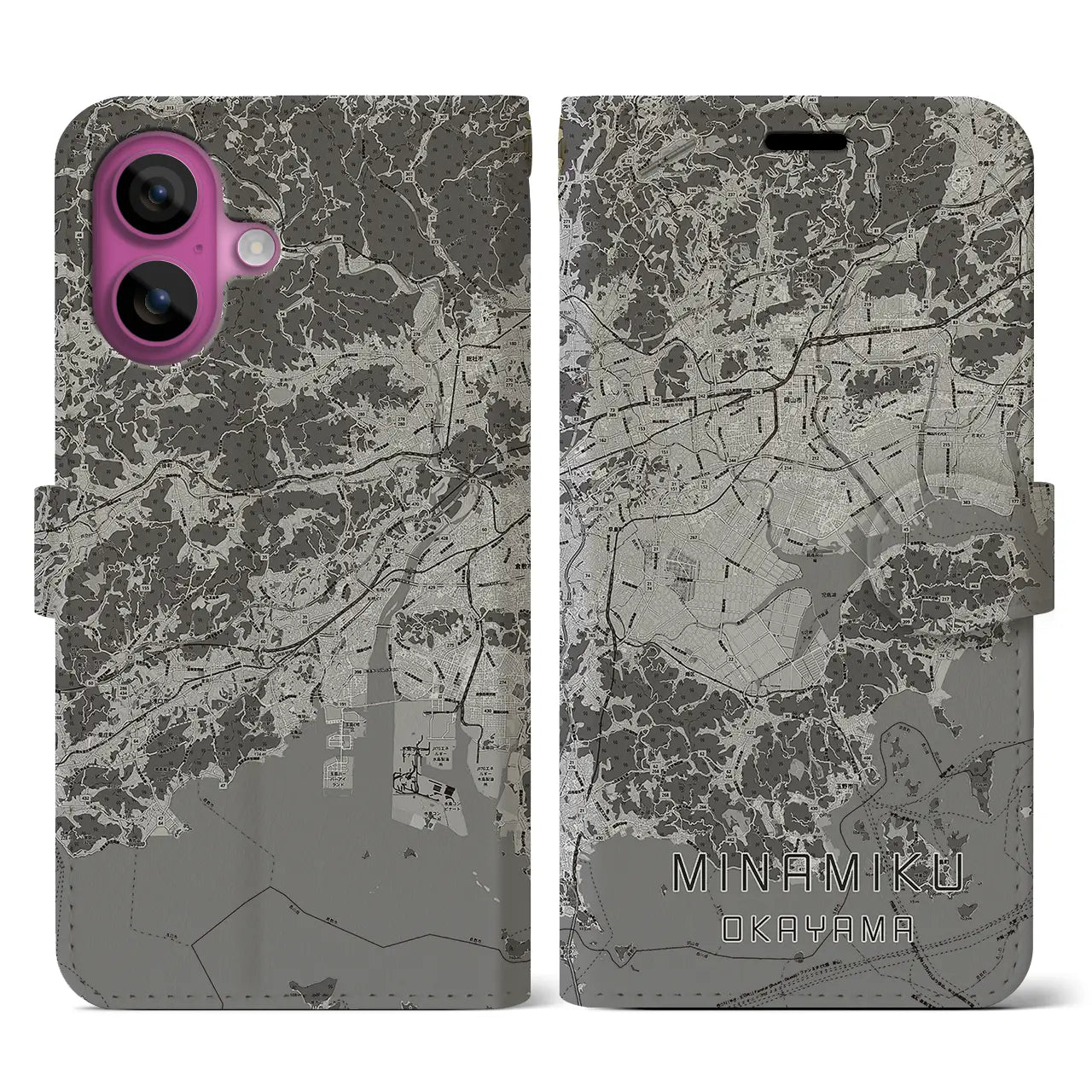 【南区(岡山市)】地図柄iPhoneケース(手帳タイプ)モノトーン・iPhone 16 Pro 用