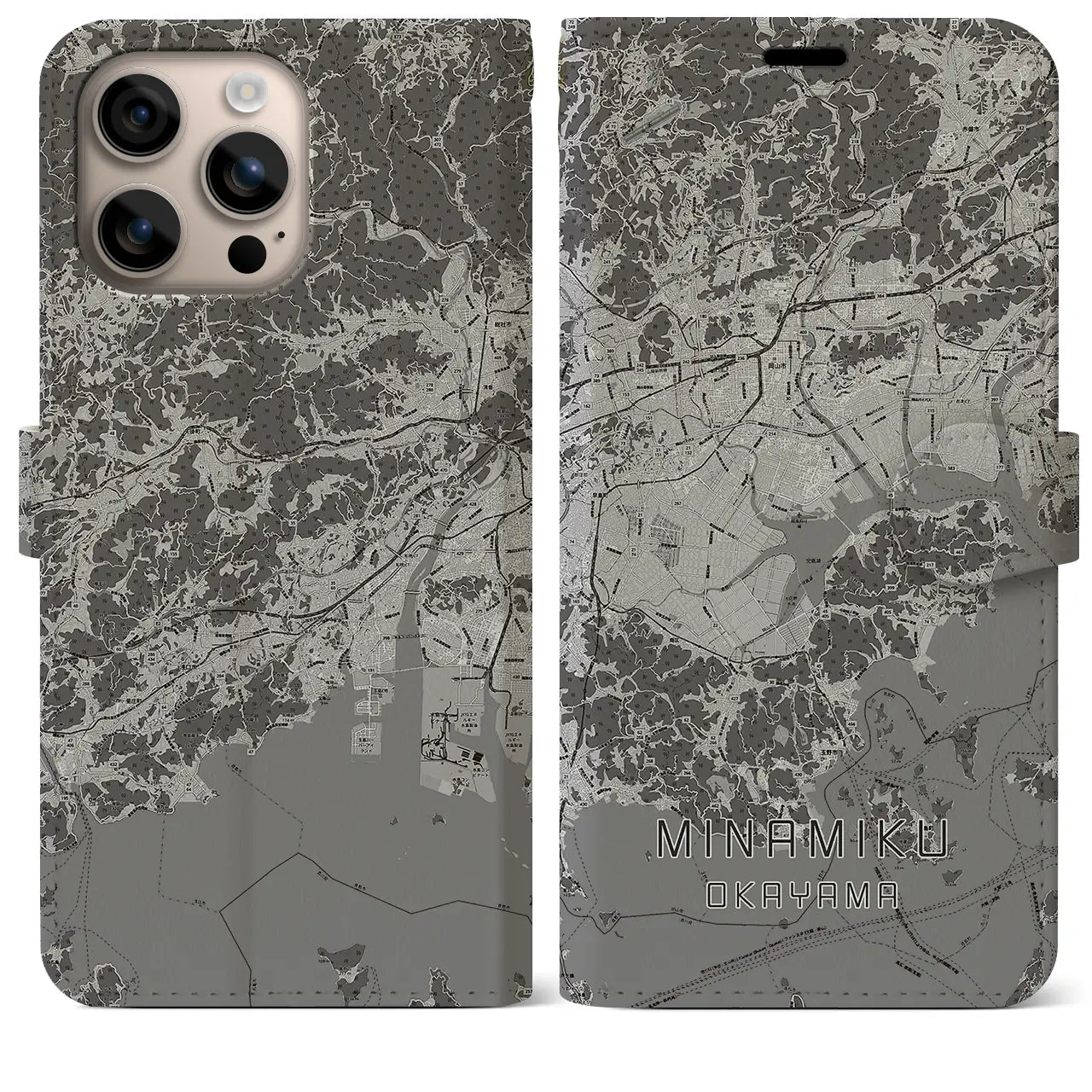 【南区(岡山市)】地図柄iPhoneケース(手帳タイプ)モノトーン・iPhone 16 Plus 用