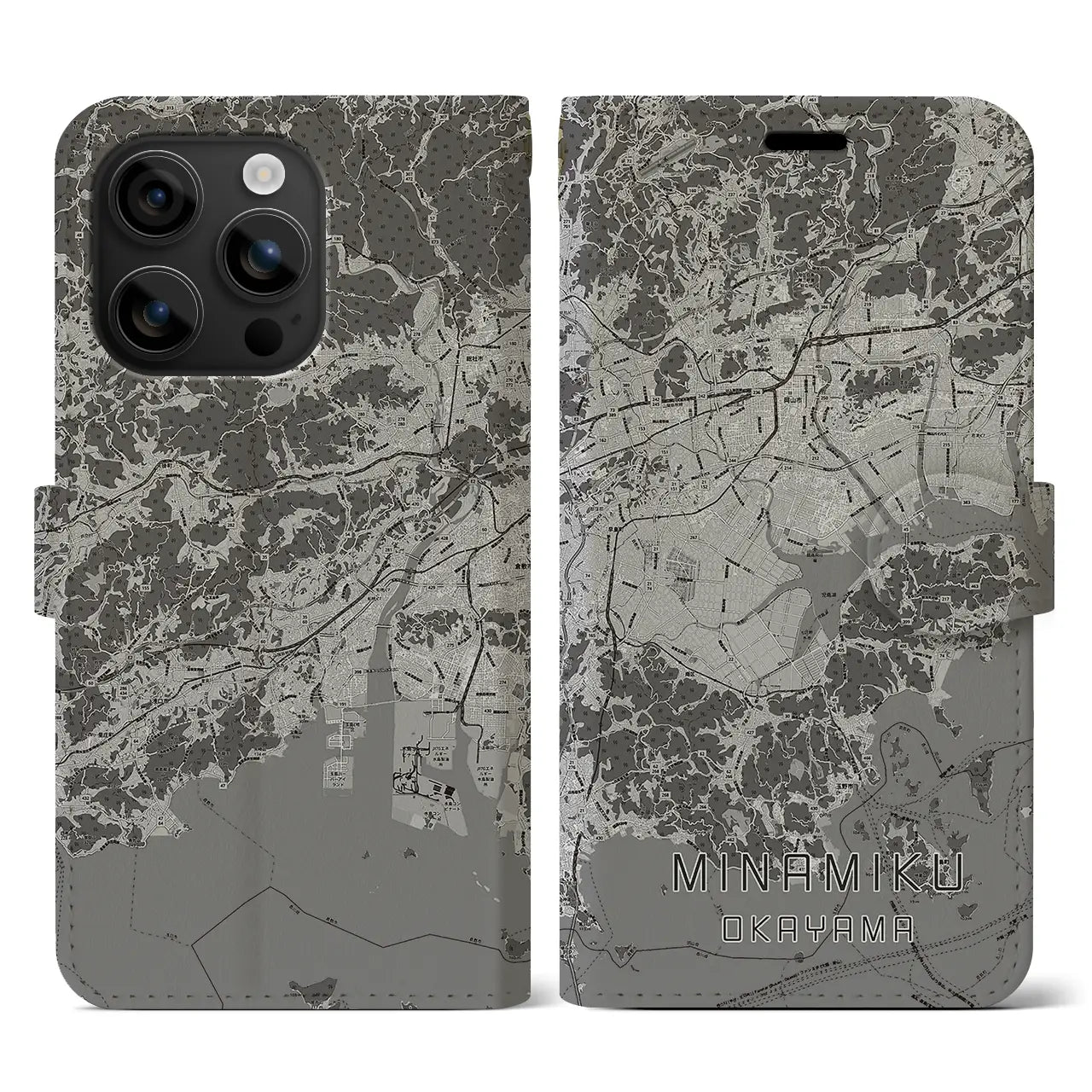 【南区(岡山市)】地図柄iPhoneケース(手帳タイプ)モノトーン・iPhone 16 用