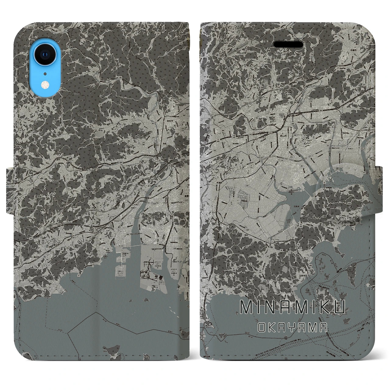【南区(岡山市)】地図柄iPhoneケース(手帳タイプ)モノトーン・iPhone XR 用