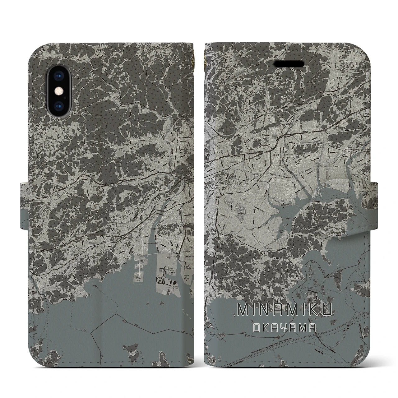 【南区(岡山市)】地図柄iPhoneケース(手帳タイプ)モノトーン・iPhone XS / X 用