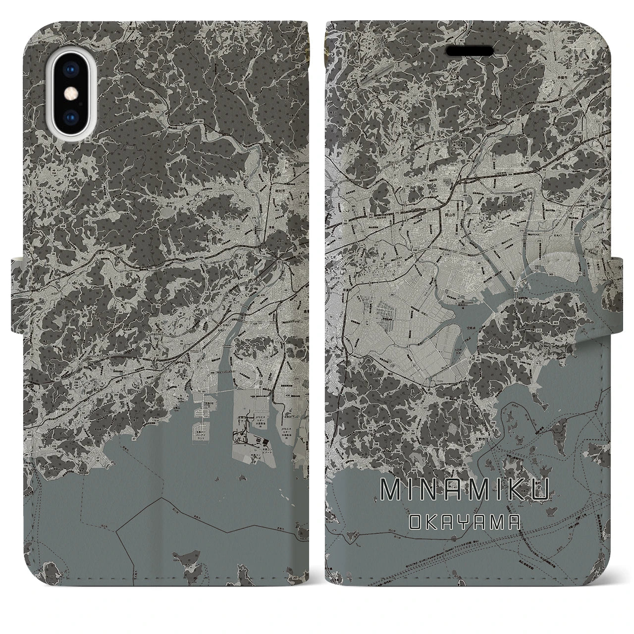 【南区(岡山市)】地図柄iPhoneケース(手帳タイプ)モノトーン・iPhone XS Max 用