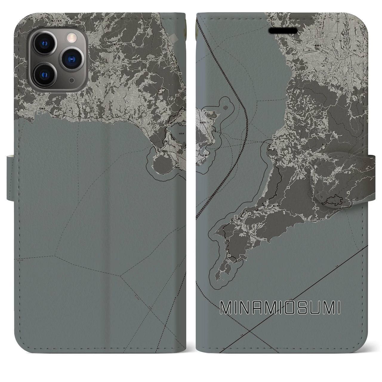 【南大隅(鹿児島県)】地図柄iPhoneケース(手帳タイプ)モノトーン・iPhone 11 Pro Max 用