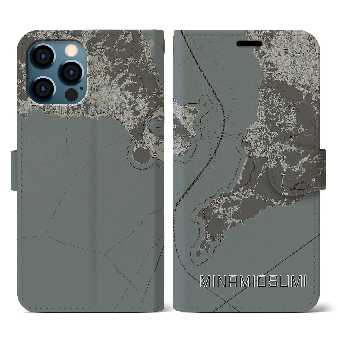 【南大隅(鹿児島県)】地図柄iPhoneケース(手帳タイプ)モノトーン・iPhone 12 / 12 Pro 用
