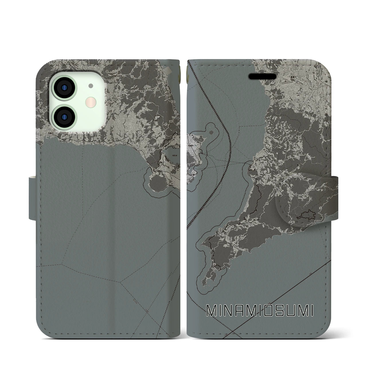 【南大隅(鹿児島県)】地図柄iPhoneケース(手帳タイプ)モノトーン・iPhone 12 mini 用