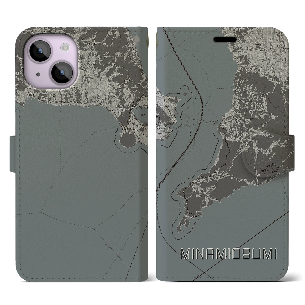 【南大隅(鹿児島県)】地図柄iPhoneケース(手帳タイプ)モノトーン・iPhone 14 用