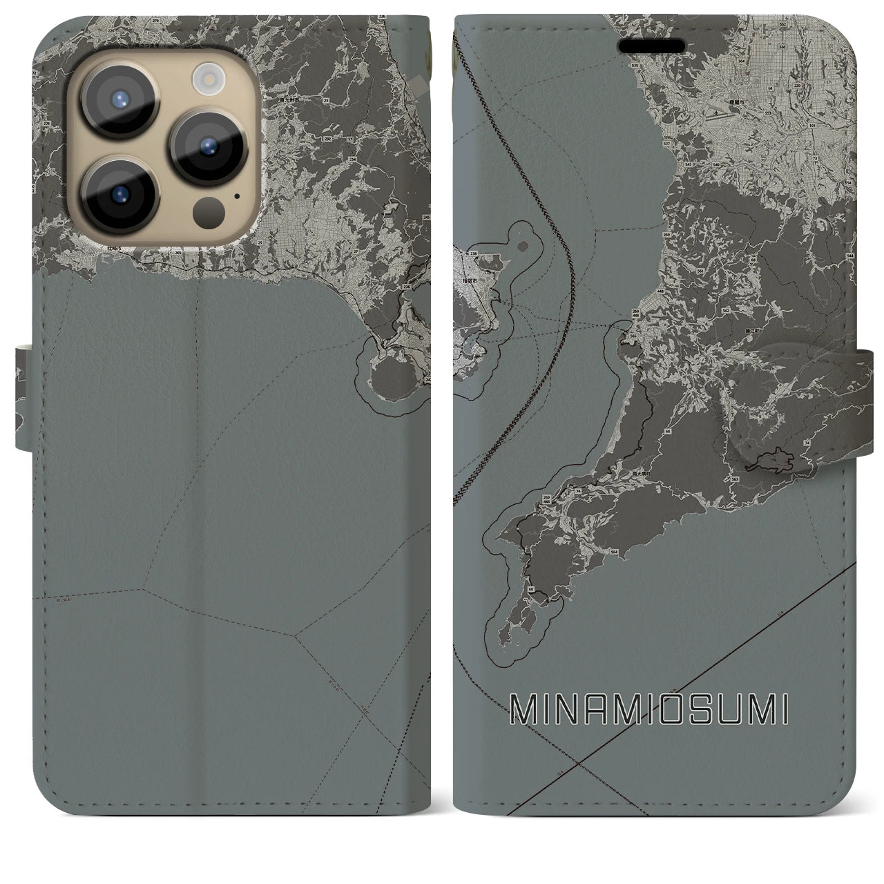 【南大隅(鹿児島県)】地図柄iPhoneケース(手帳タイプ)モノトーン・iPhone 14 Pro Max 用