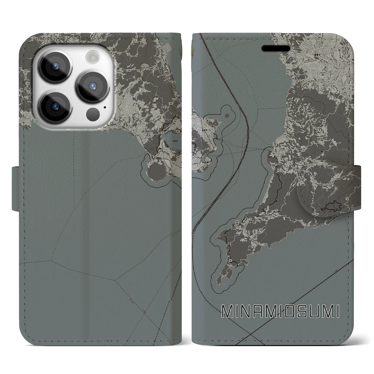 【南大隅(鹿児島県)】地図柄iPhoneケース(手帳タイプ)モノトーン・iPhone 14 Pro 用