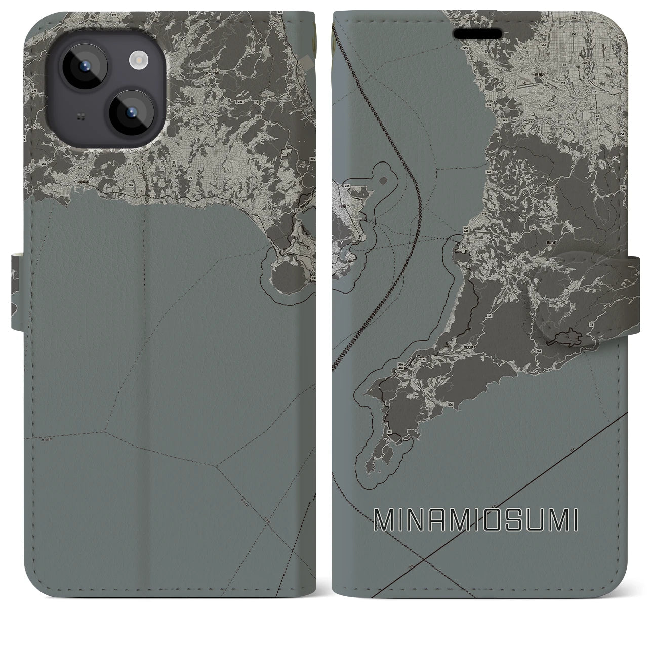 【南大隅(鹿児島県)】地図柄iPhoneケース(手帳タイプ)モノトーン・iPhone 14 Plus 用