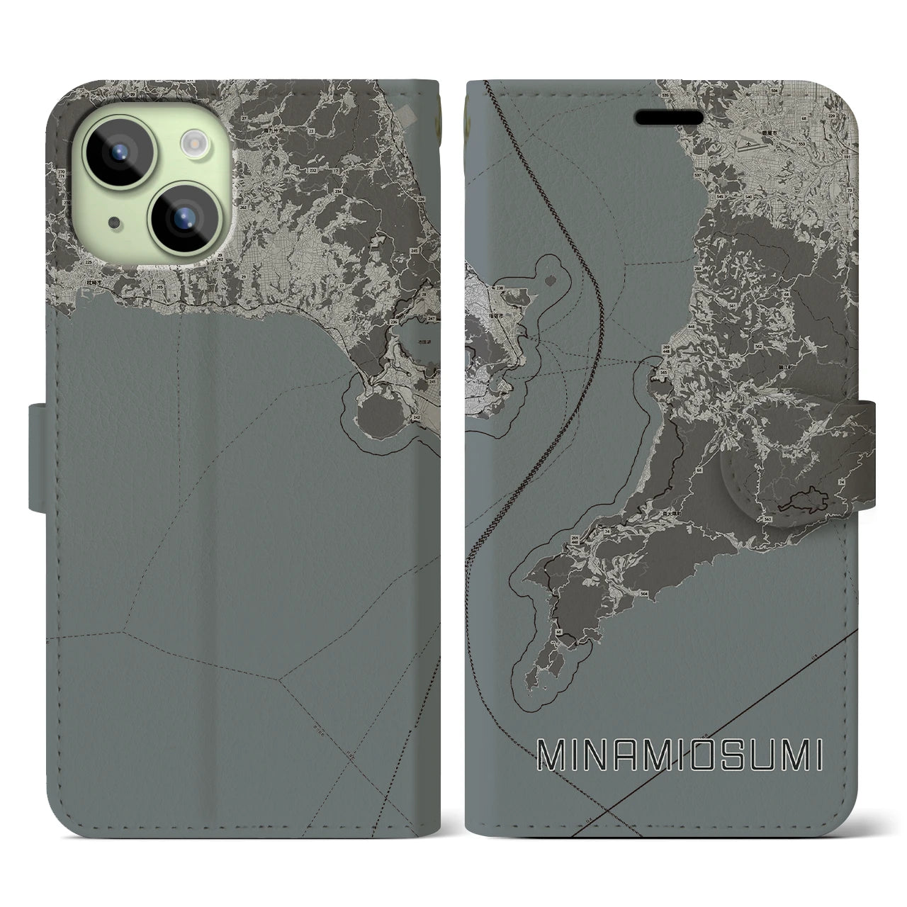 【南大隅(鹿児島県)】地図柄iPhoneケース(手帳タイプ)モノトーン・iPhone 15 用