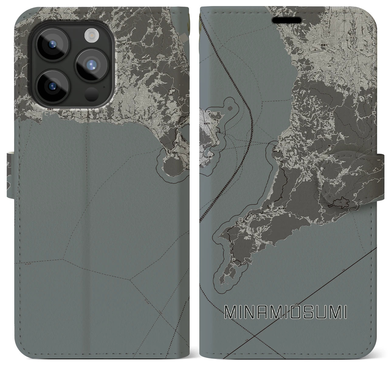【南大隅(鹿児島県)】地図柄iPhoneケース(手帳タイプ)モノトーン・iPhone 15 Pro Max 用