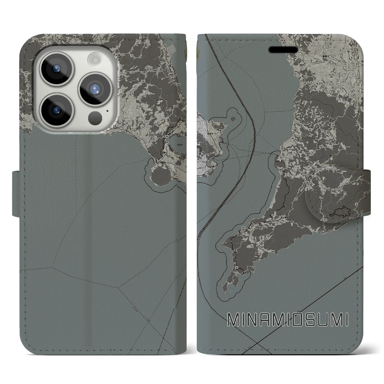 【南大隅(鹿児島県)】地図柄iPhoneケース(手帳タイプ)モノトーン・iPhone 15 Pro 用