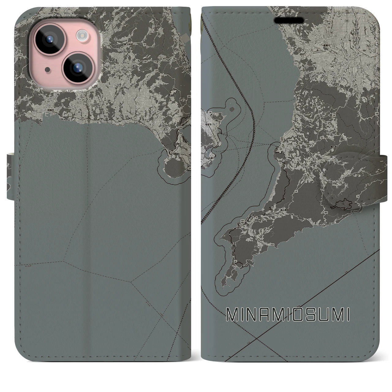 【南大隅(鹿児島県)】地図柄iPhoneケース(手帳タイプ)モノトーン・iPhone 15 Plus 用