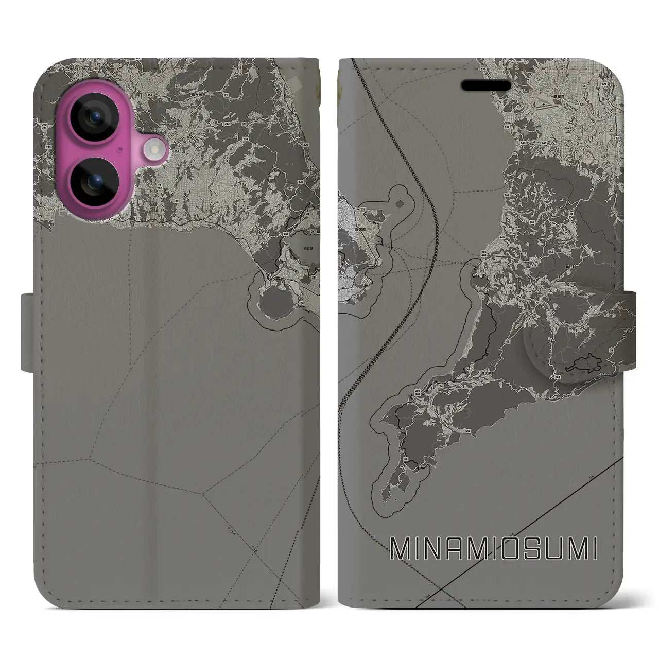 【南大隅(鹿児島県)】地図柄iPhoneケース(手帳タイプ)モノトーン・iPhone 16 Pro 用
