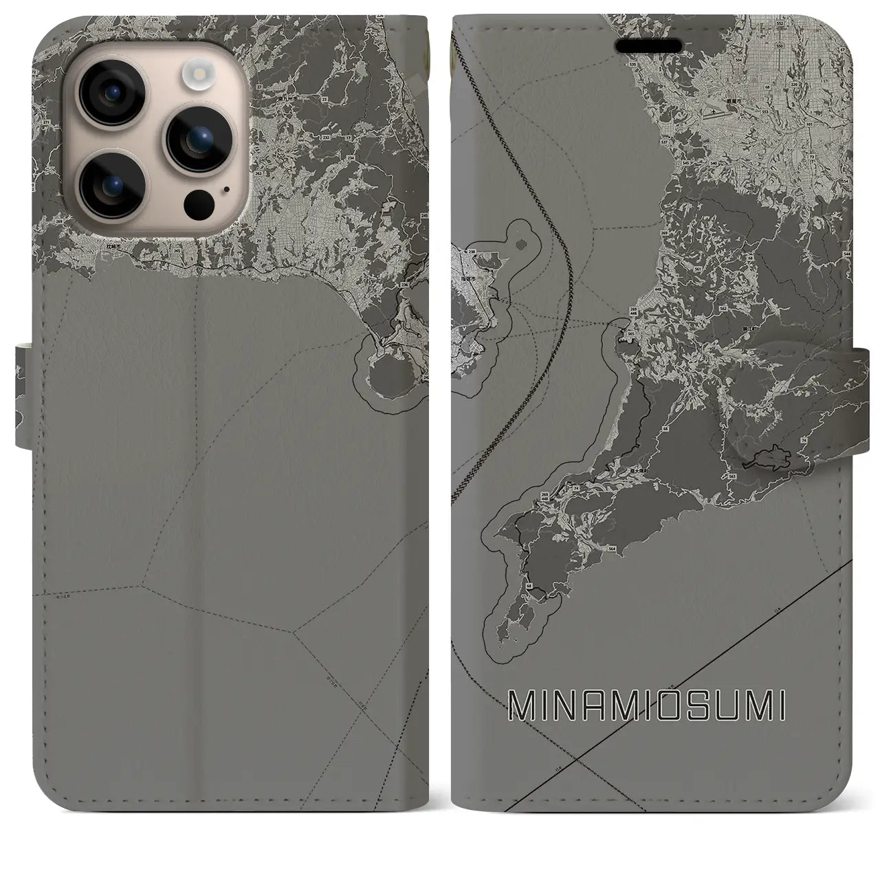 【南大隅(鹿児島県)】地図柄iPhoneケース(手帳タイプ)モノトーン・iPhone 16 Plus 用