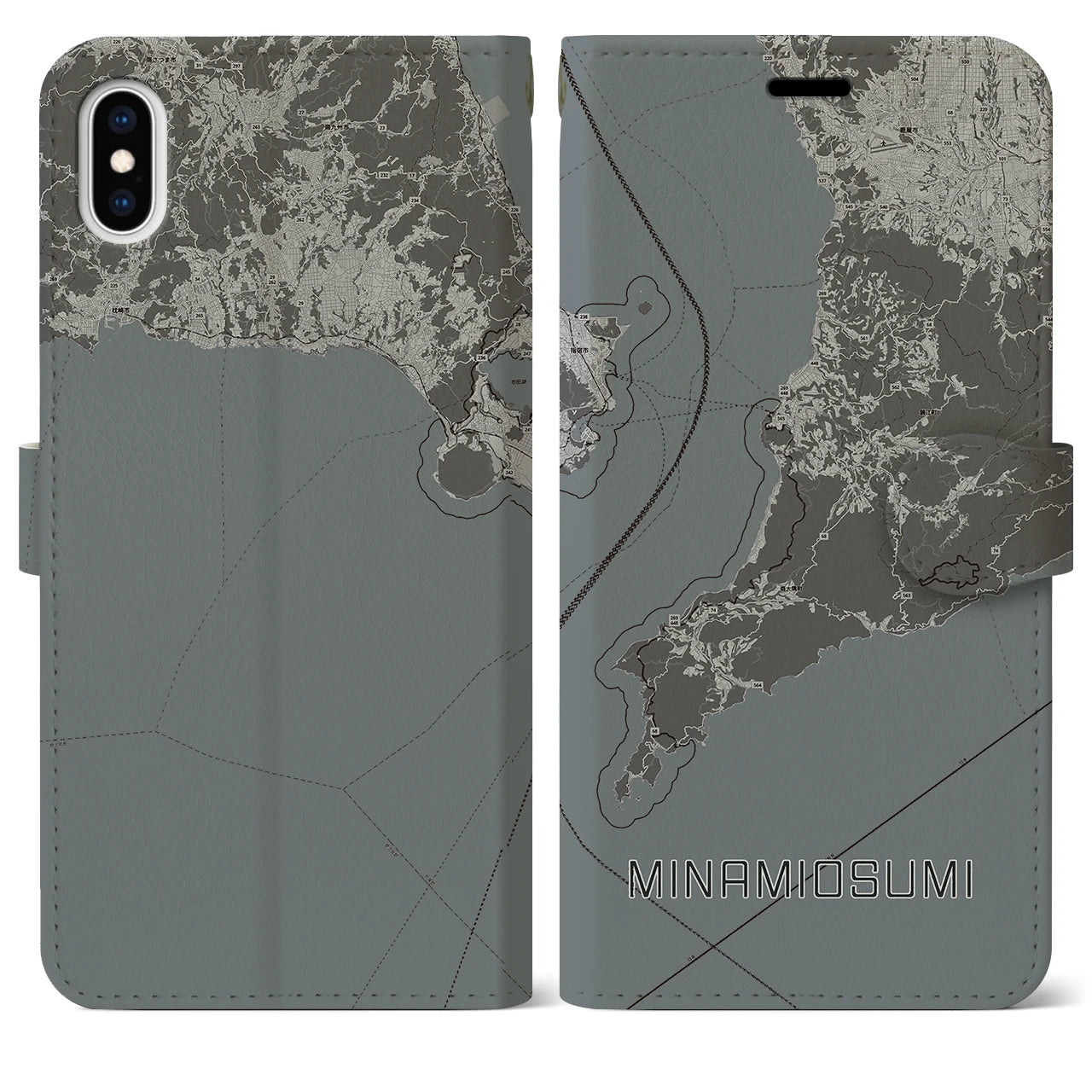 【南大隅(鹿児島県)】地図柄iPhoneケース(手帳タイプ)モノトーン・iPhone XS Max 用