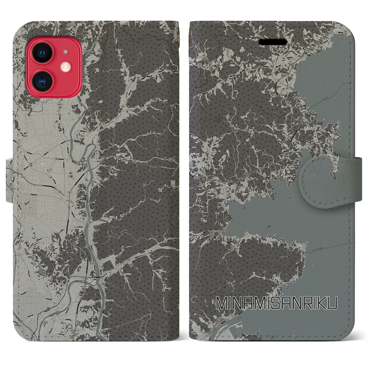 【南三陸(宮城県)】地図柄iPhoneケース(手帳タイプ)モノトーン・iPhone 11 用