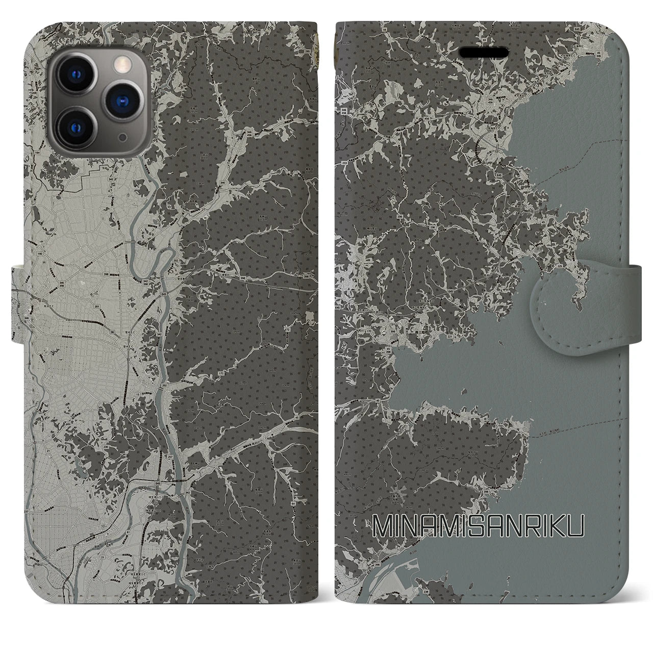 【南三陸(宮城県)】地図柄iPhoneケース(手帳タイプ)モノトーン・iPhone 11 Pro Max 用