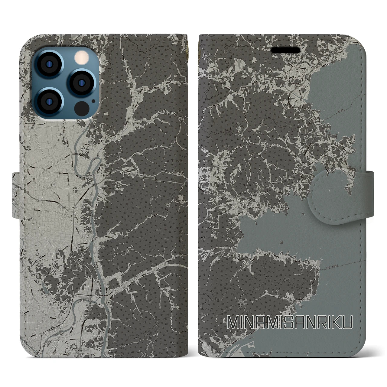 【南三陸(宮城県)】地図柄iPhoneケース(手帳タイプ)モノトーン・iPhone 12 / 12 Pro 用