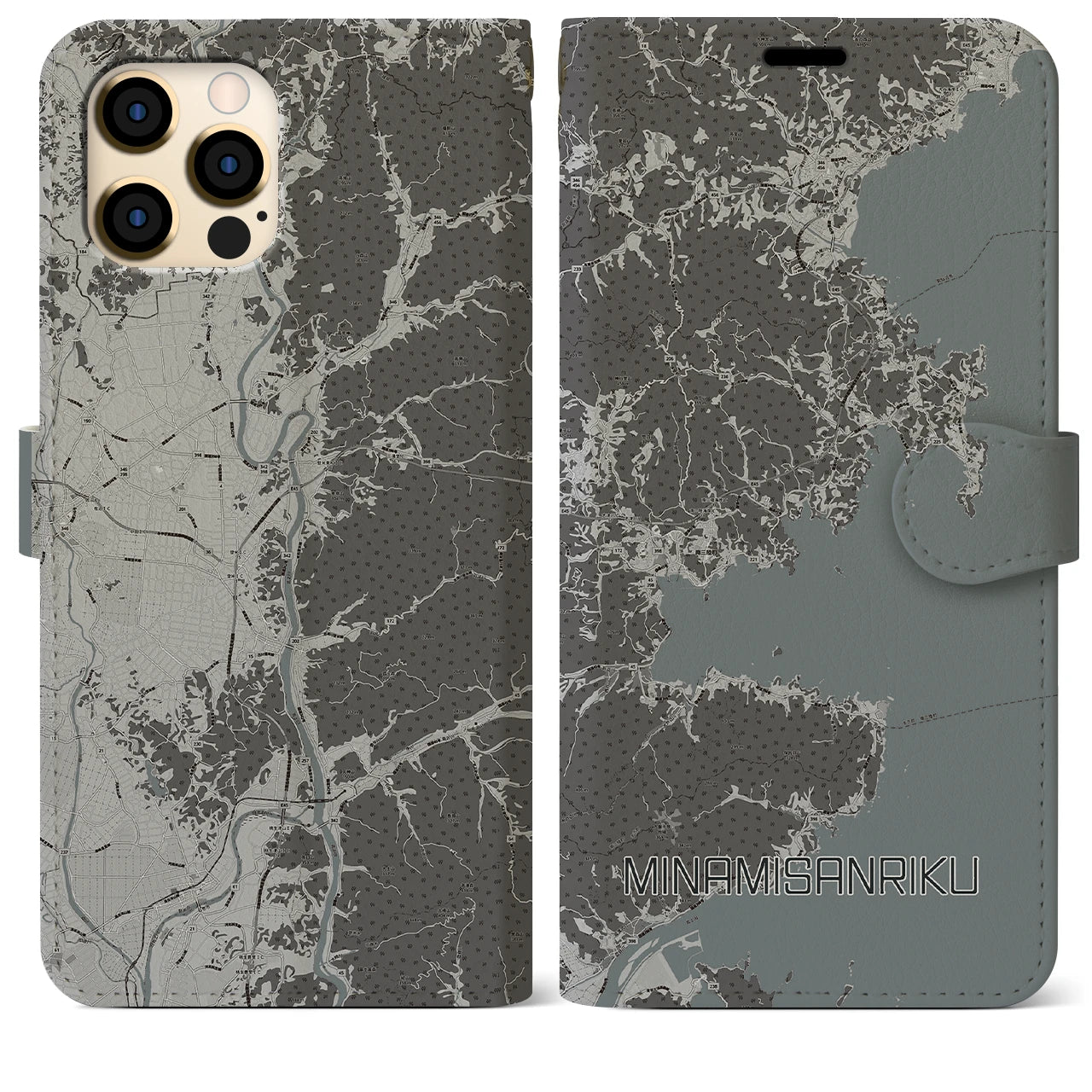 【南三陸(宮城県)】地図柄iPhoneケース(手帳タイプ)モノトーン・iPhone 12 Pro Max 用