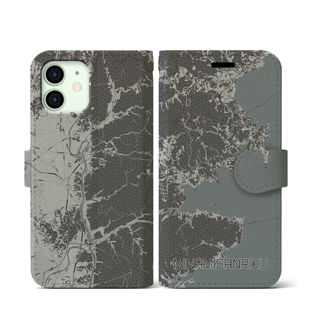 【南三陸(宮城県)】地図柄iPhoneケース(手帳タイプ)モノトーン・iPhone 12 mini 用