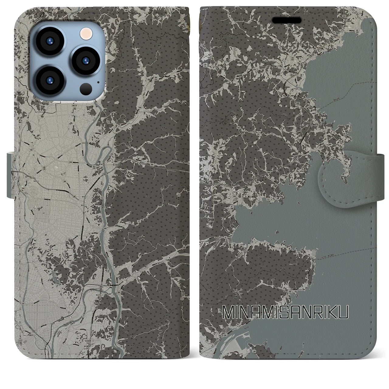 【南三陸(宮城県)】地図柄iPhoneケース(手帳タイプ)モノトーン・iPhone 13 Pro Max 用