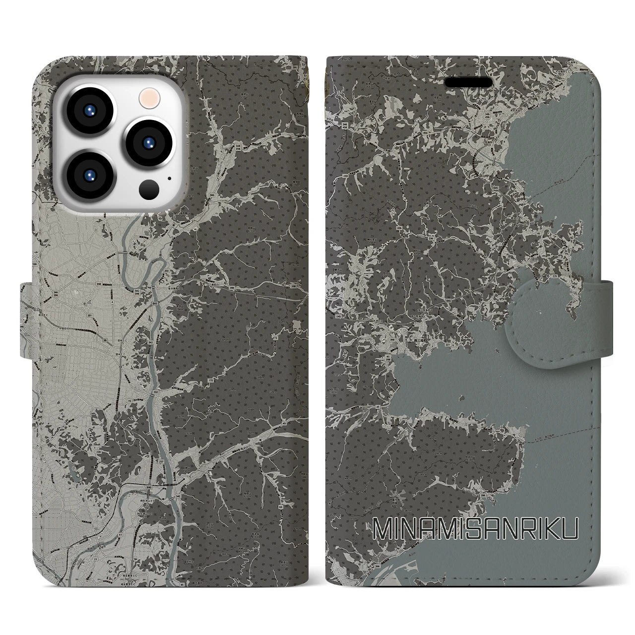 【南三陸(宮城県)】地図柄iPhoneケース(手帳タイプ)モノトーン・iPhone 13 Pro 用