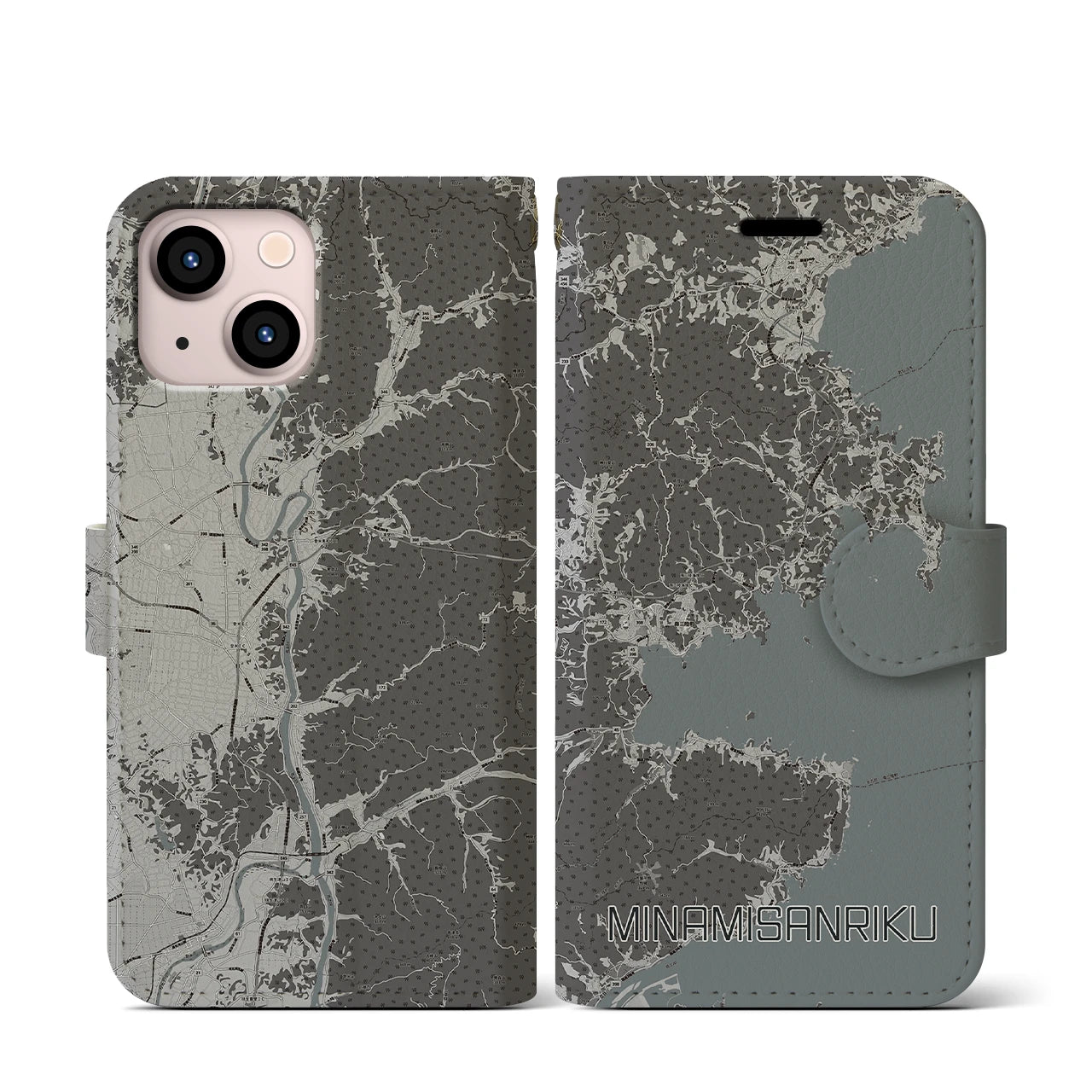 【南三陸(宮城県)】地図柄iPhoneケース(手帳タイプ)モノトーン・iPhone 13 mini 用