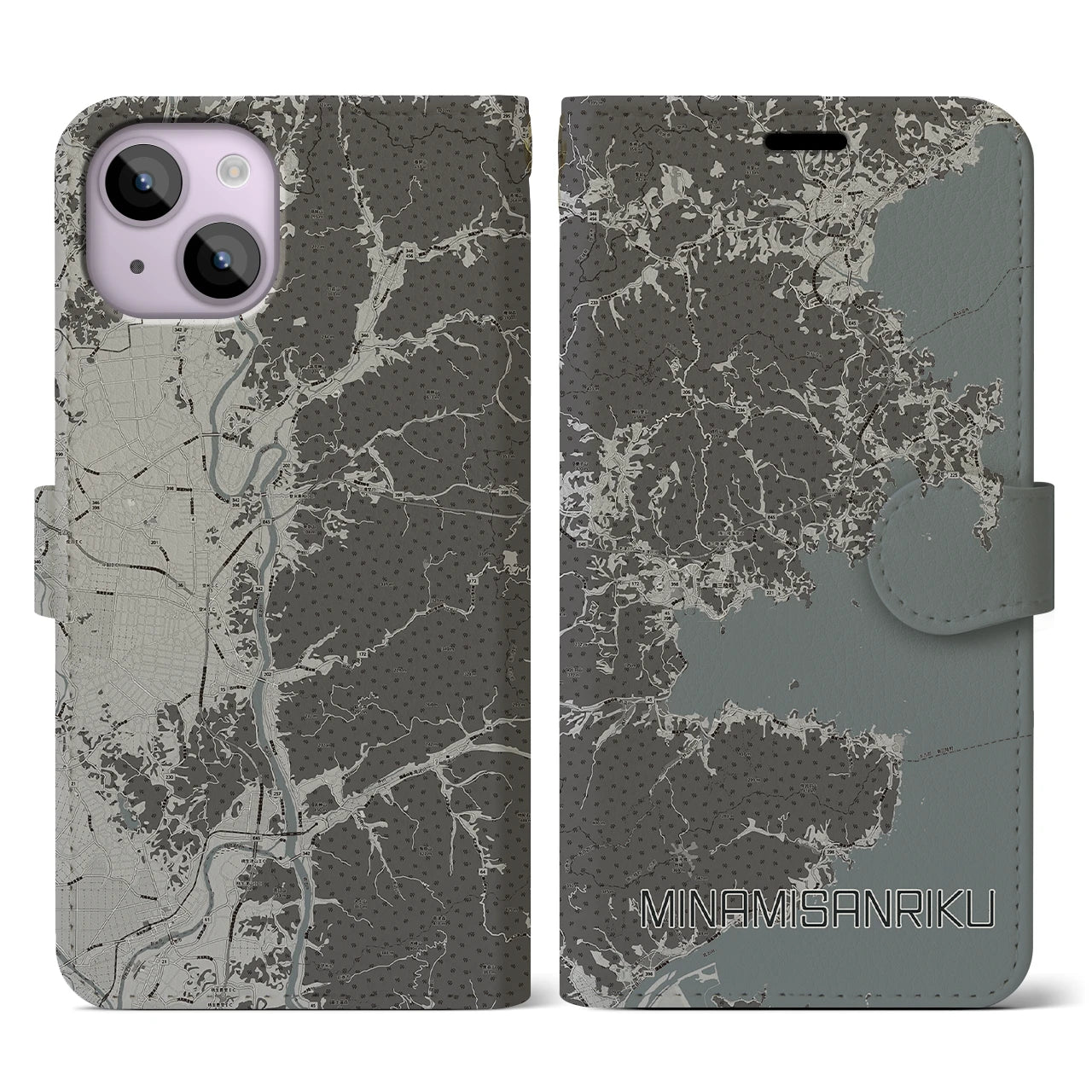 【南三陸(宮城県)】地図柄iPhoneケース(手帳タイプ)モノトーン・iPhone 14 用