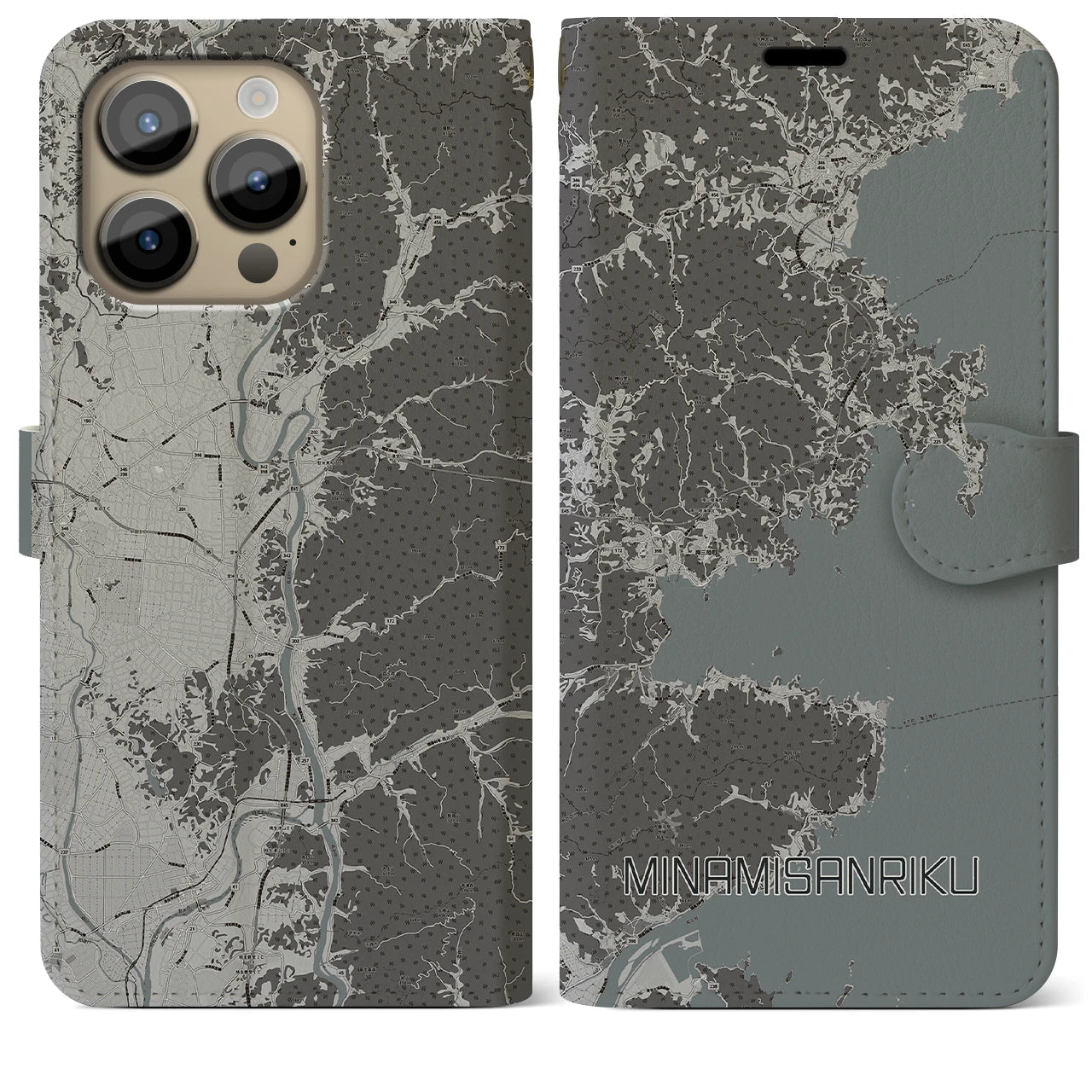 【南三陸(宮城県)】地図柄iPhoneケース(手帳タイプ)モノトーン・iPhone 14 Pro Max 用