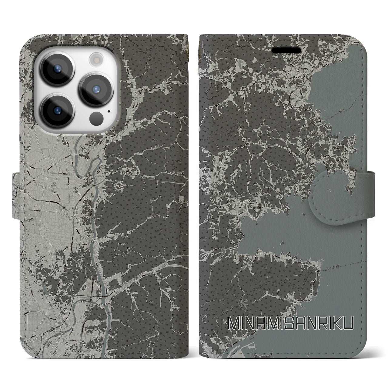 【南三陸(宮城県)】地図柄iPhoneケース(手帳タイプ)モノトーン・iPhone 14 Pro 用