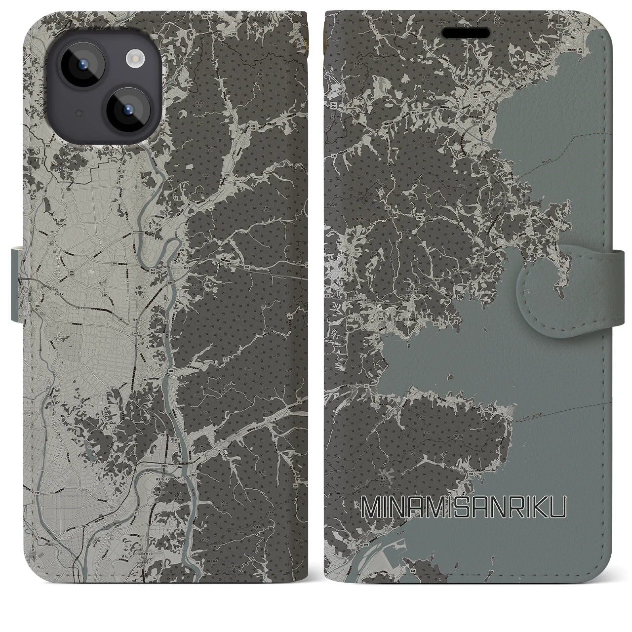 【南三陸(宮城県)】地図柄iPhoneケース(手帳タイプ)モノトーン・iPhone 14 Plus 用