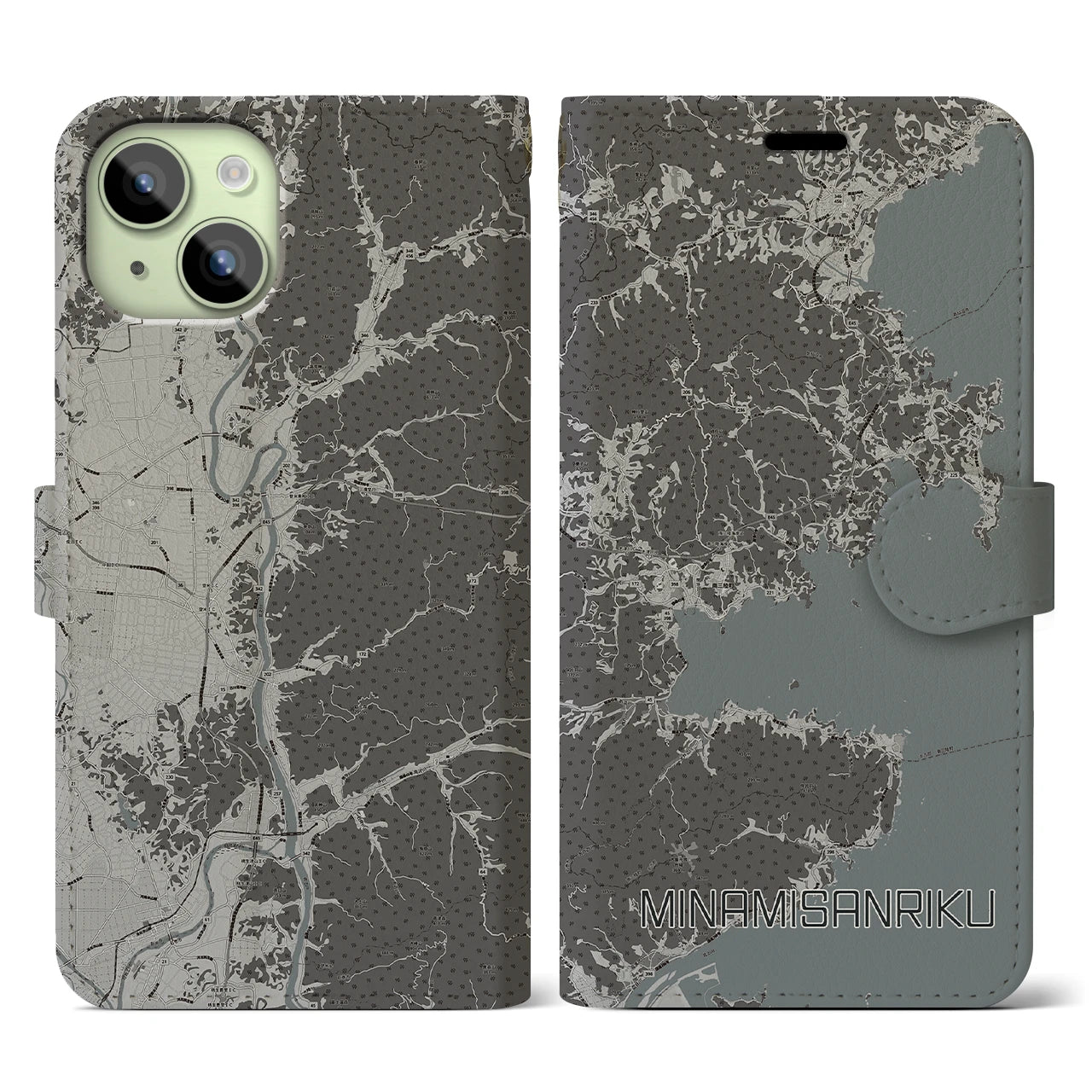 【南三陸(宮城県)】地図柄iPhoneケース(手帳タイプ)モノトーン・iPhone 15 用