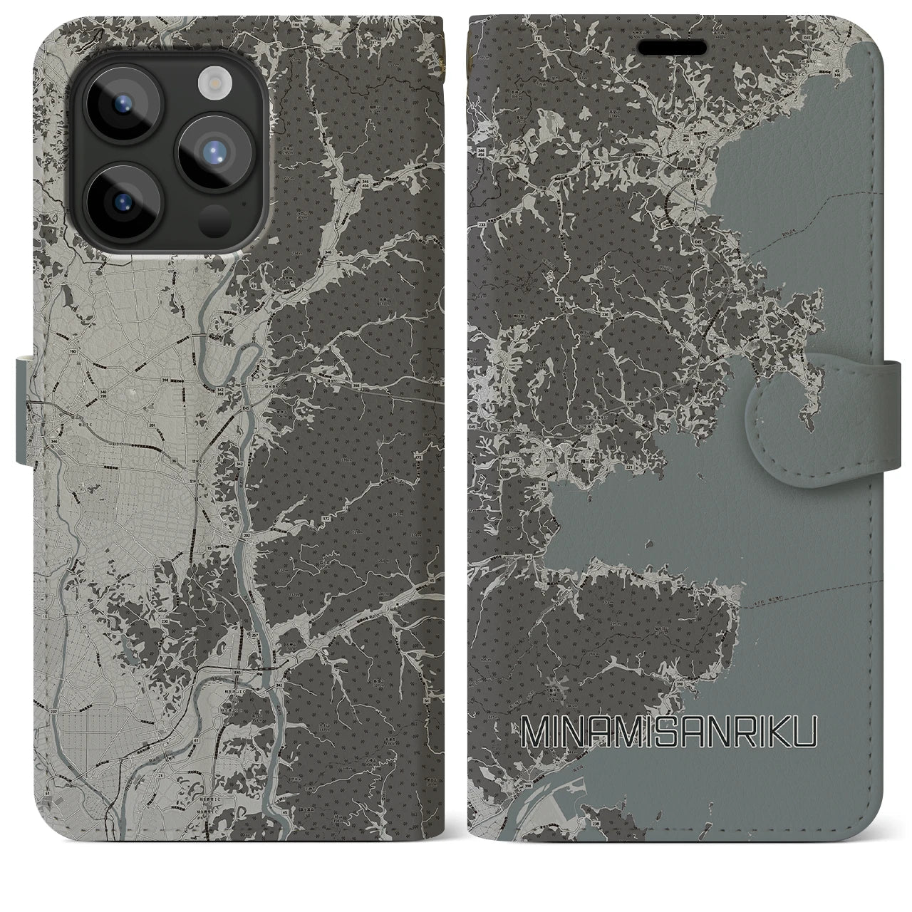 【南三陸(宮城県)】地図柄iPhoneケース(手帳タイプ)モノトーン・iPhone 15 Pro Max 用