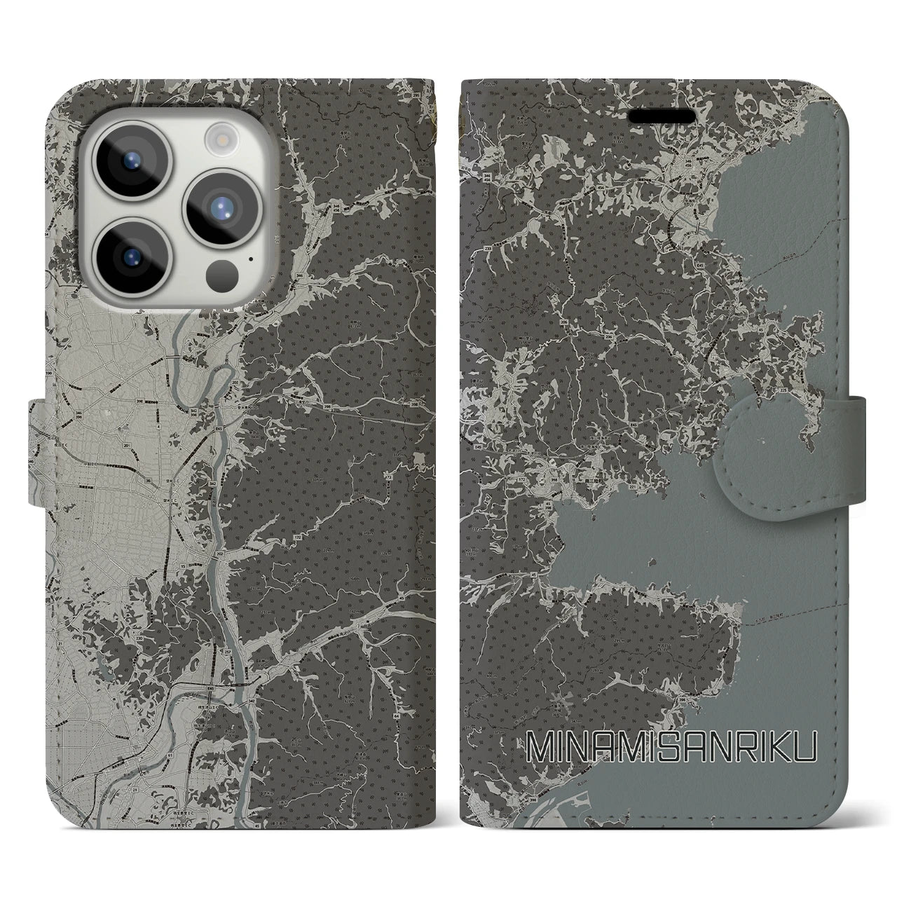 【南三陸(宮城県)】地図柄iPhoneケース(手帳タイプ)モノトーン・iPhone 15 Pro 用