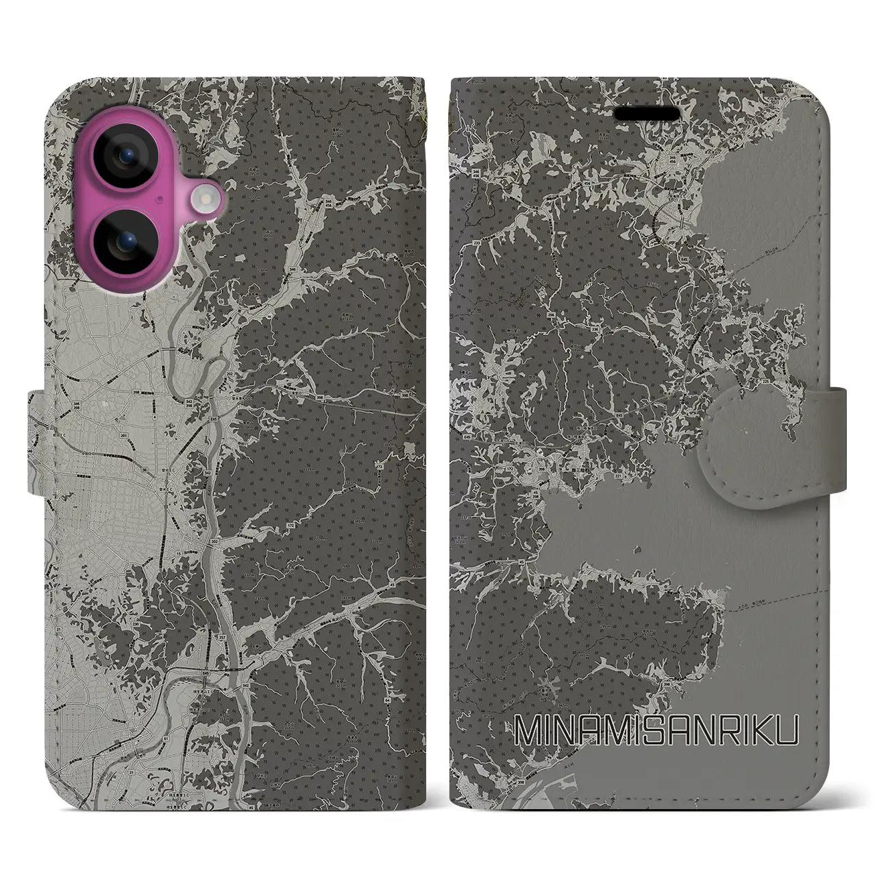 【南三陸(宮城県)】地図柄iPhoneケース(手帳タイプ)モノトーン・iPhone 16 Pro 用