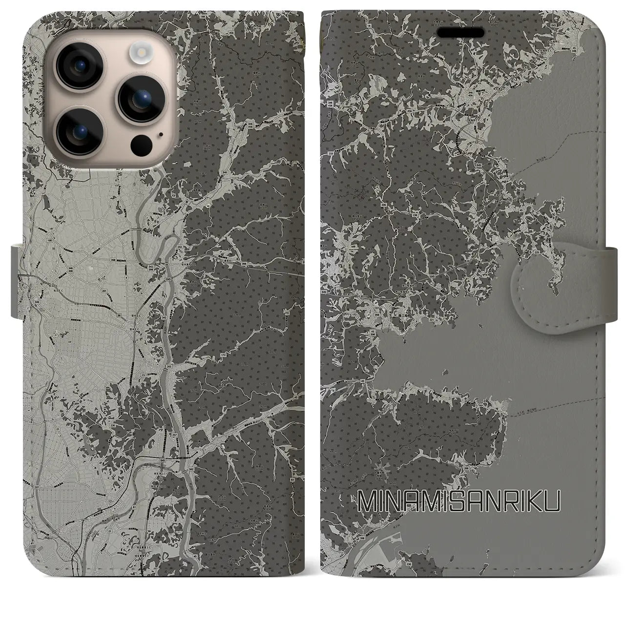 【南三陸(宮城県)】地図柄iPhoneケース(手帳タイプ)モノトーン・iPhone 16 Plus 用