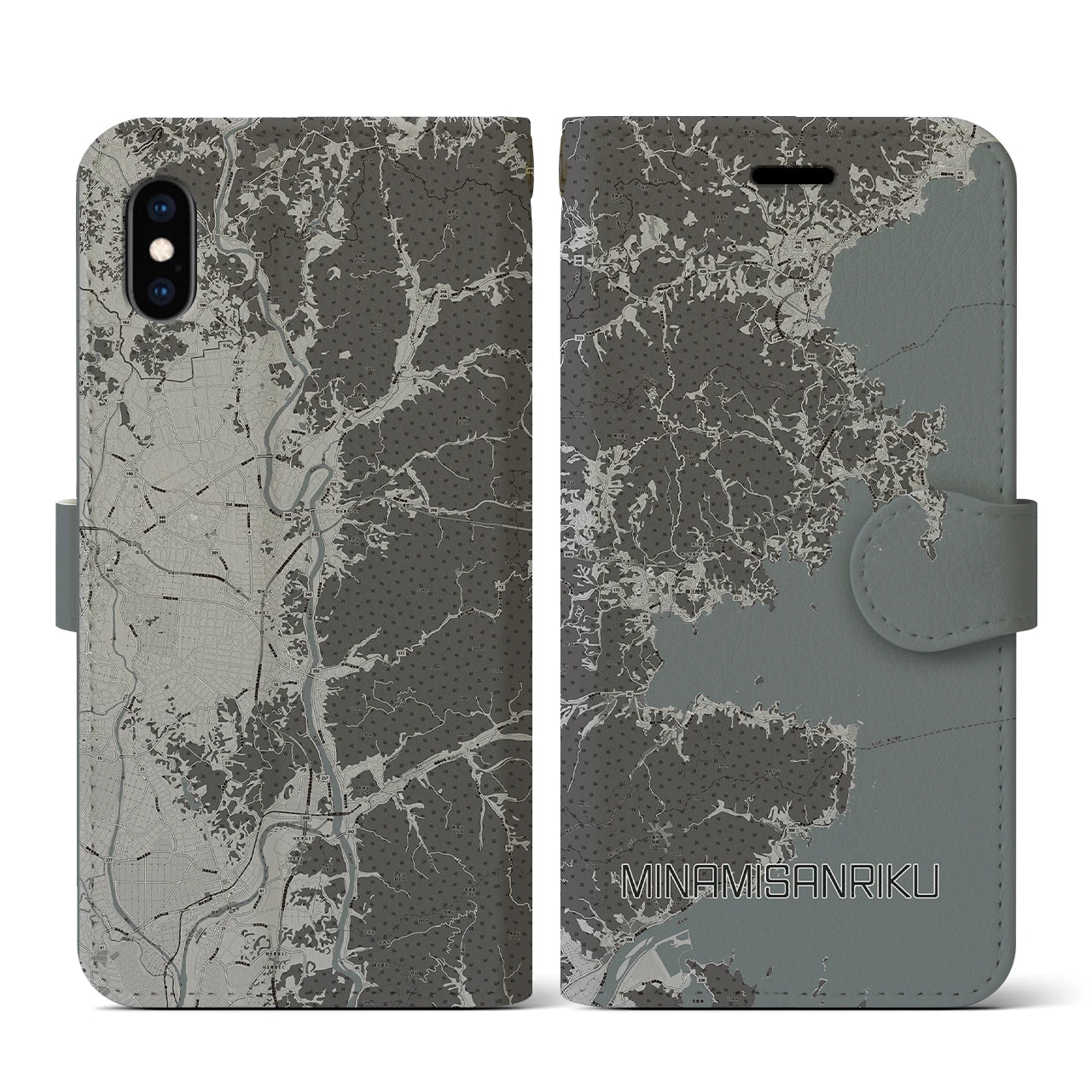 【南三陸(宮城県)】地図柄iPhoneケース(手帳タイプ)モノトーン・iPhone XS / X 用