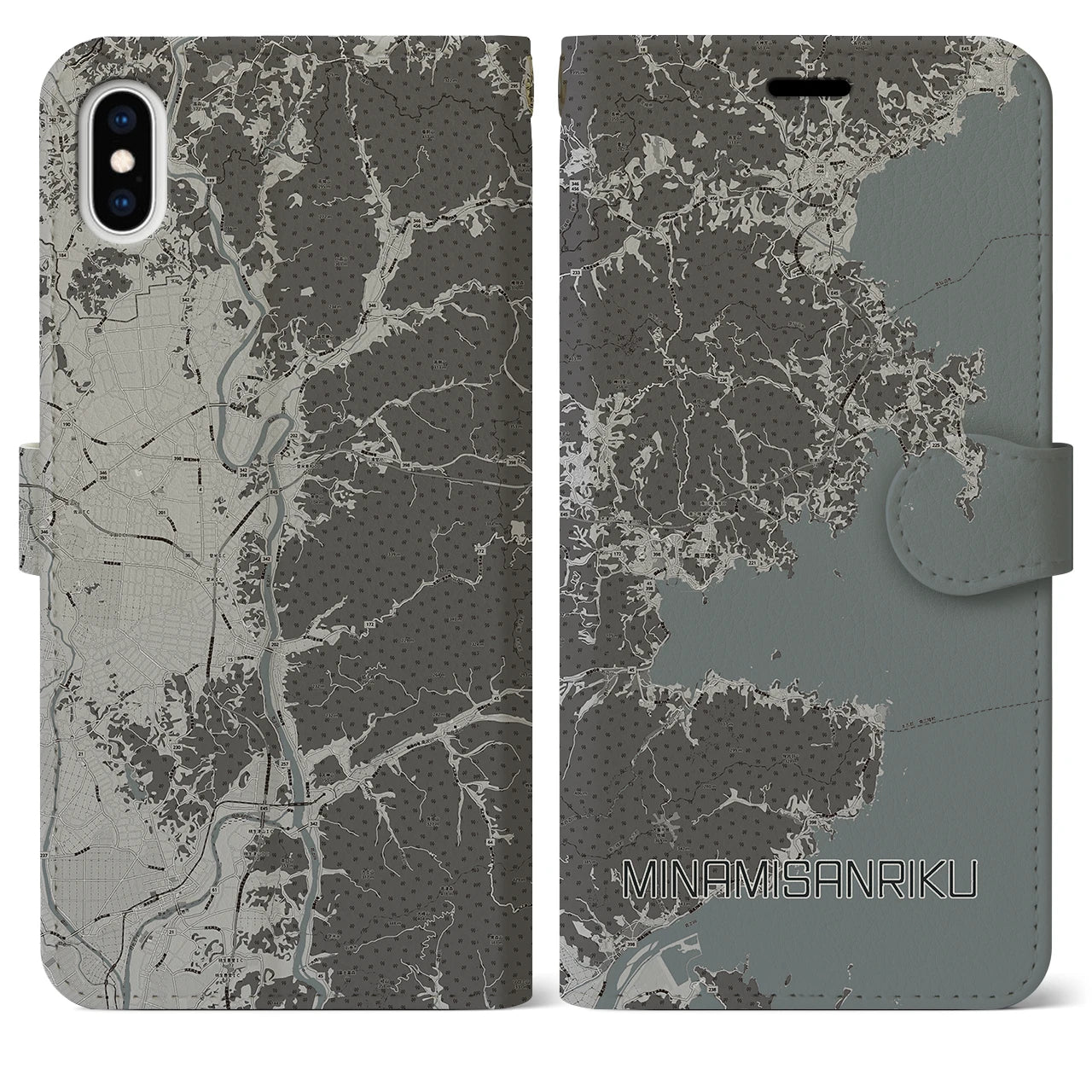 【南三陸(宮城県)】地図柄iPhoneケース(手帳タイプ)モノトーン・iPhone XS Max 用