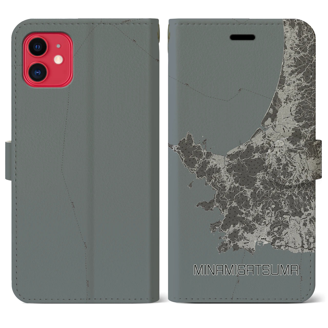 【南さつま(鹿児島県)】地図柄iPhoneケース(手帳タイプ)モノトーン・iPhone 11 用