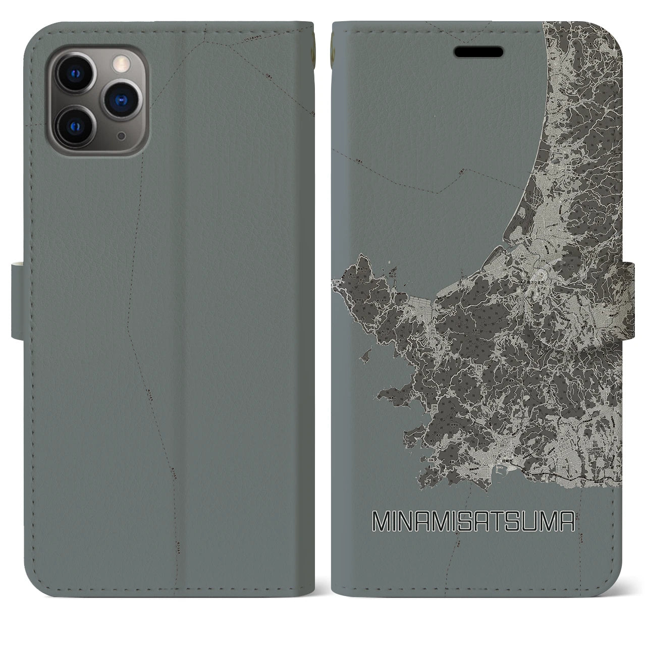 【南さつま(鹿児島県)】地図柄iPhoneケース(手帳タイプ)モノトーン・iPhone 11 Pro Max 用