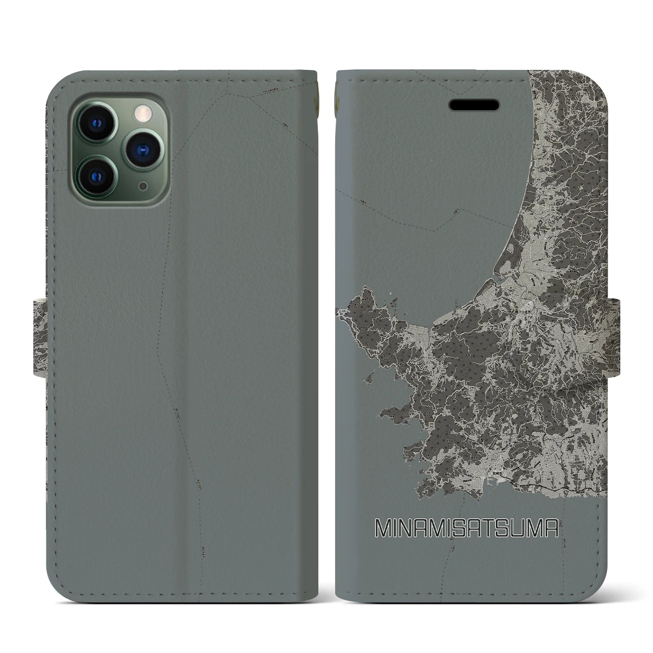 【南さつま(鹿児島県)】地図柄iPhoneケース(手帳タイプ)モノトーン・iPhone 11 Pro 用