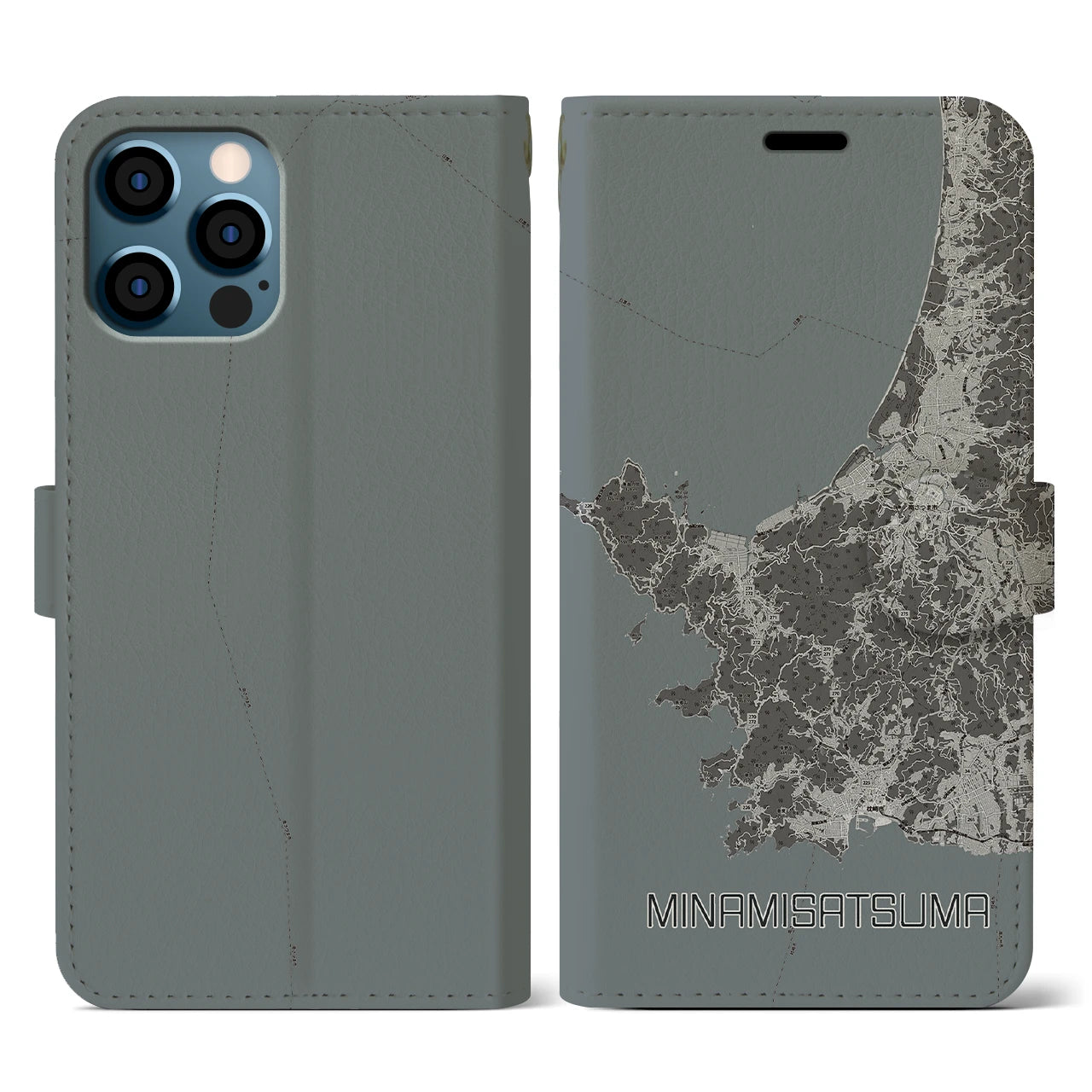 【南さつま(鹿児島県)】地図柄iPhoneケース(手帳タイプ)モノトーン・iPhone 12 / 12 Pro 用