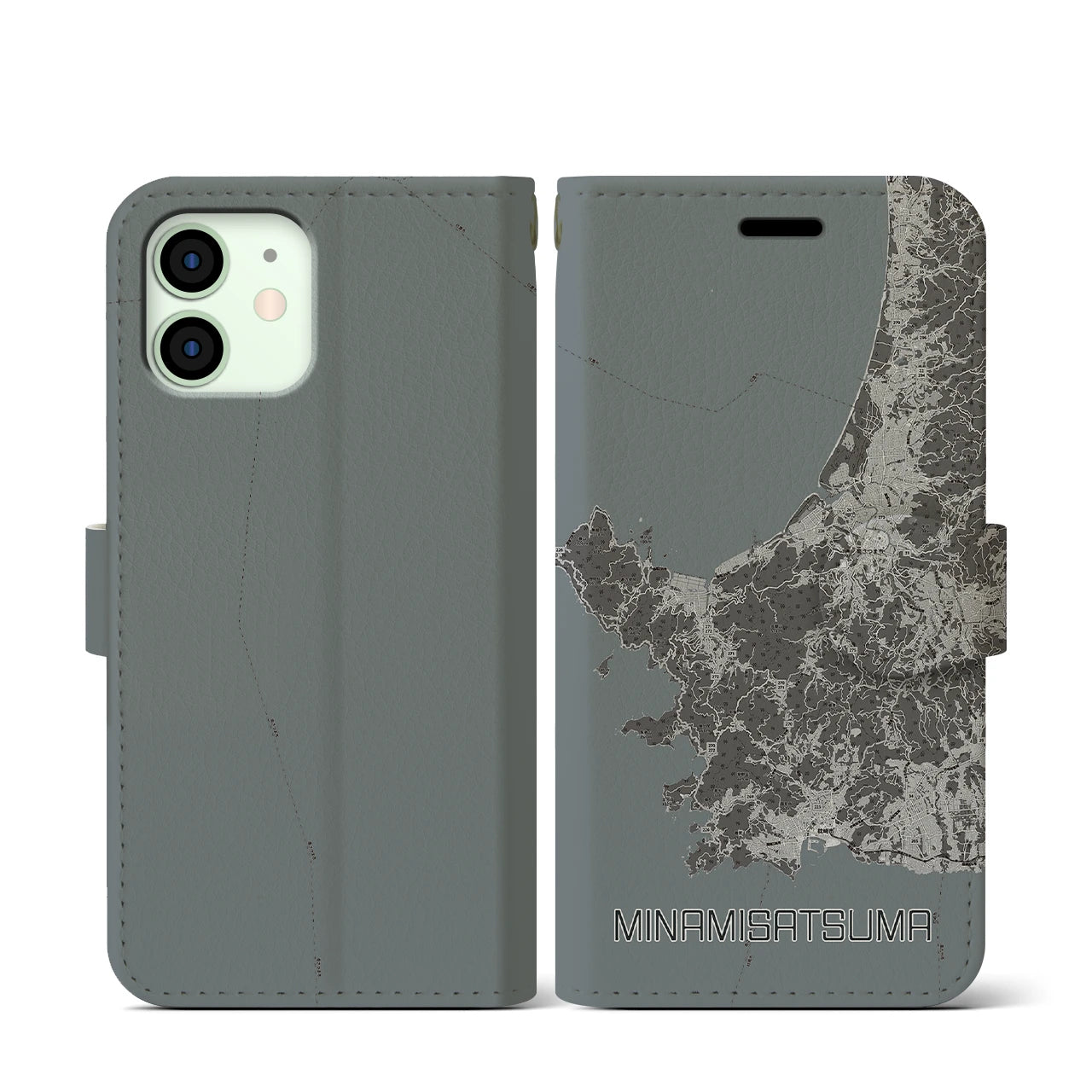 【南さつま(鹿児島県)】地図柄iPhoneケース(手帳タイプ)モノトーン・iPhone 12 mini 用